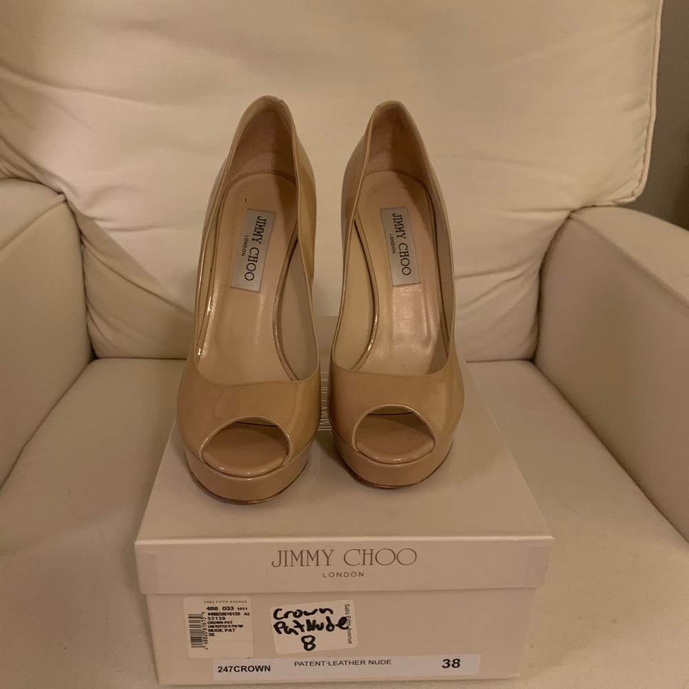 Patent leather nude Jimmy Choo heels. Excellent condition!